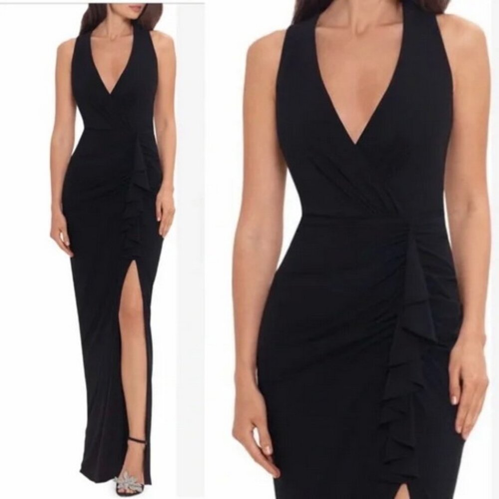 Betsy & Adam Black Ruched Ruffle Column Gown